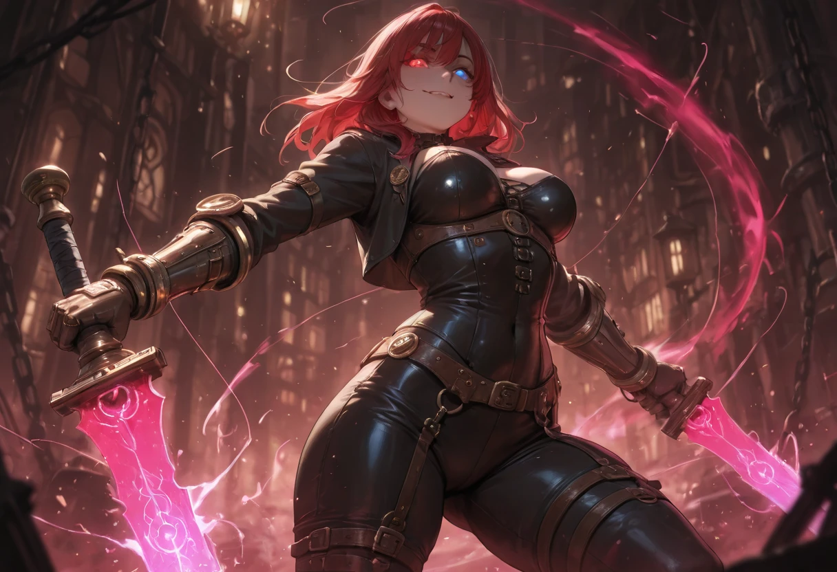 ((solo)), amazing masterpiece, top quality, high fashion, absurdres extremely, HDR, intricate details, vivid colors, flawless smooth skin, curvy beauty, very cute face, very cute girl, wearing ancient steampunk outfit, The big hand of the machine, dexterity, ((heterochromia)), glowing eyes, Ancient weapons, Combat posture, attack pose, nihilistic smile, close up, ancient energy power