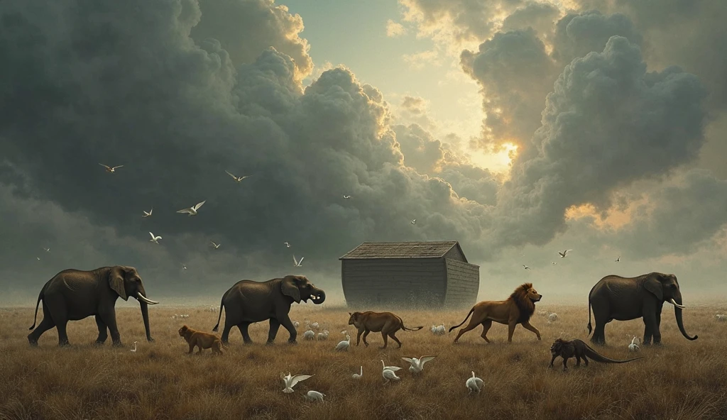 A hyperrealistic, cinematic painting of pairs of animals walking slowly toward the ark under stormy skies. Elephants, lions, doves, snakes, all entering in perfect order. The background is heavy with clouds. The scene feels apocalyptic yet filled with divine peace.