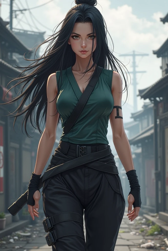 A young Kunoichi, with long straight shiny black hair and no bangs,  with a strong character , white skin, A Jounin Ninja vest, And a pair of black ninja pants, with black ninja sneakers