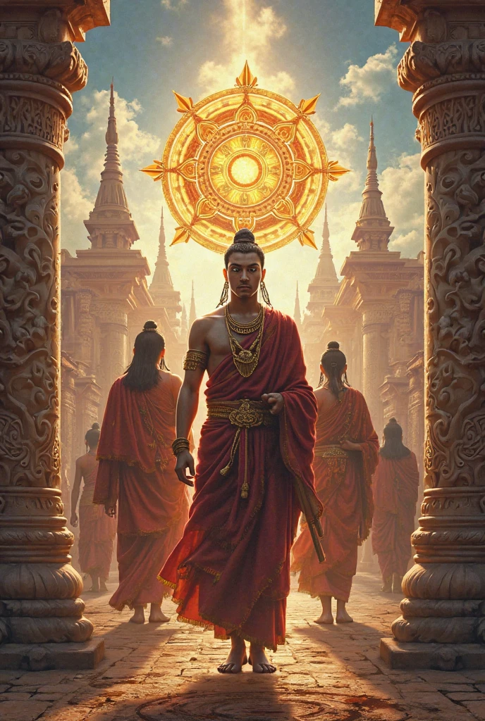 Make a video game poster for the ancient scrolls of the Indian subcontinent and include symbols of Buddhism and emperor Ashoka in a Mauryan city 