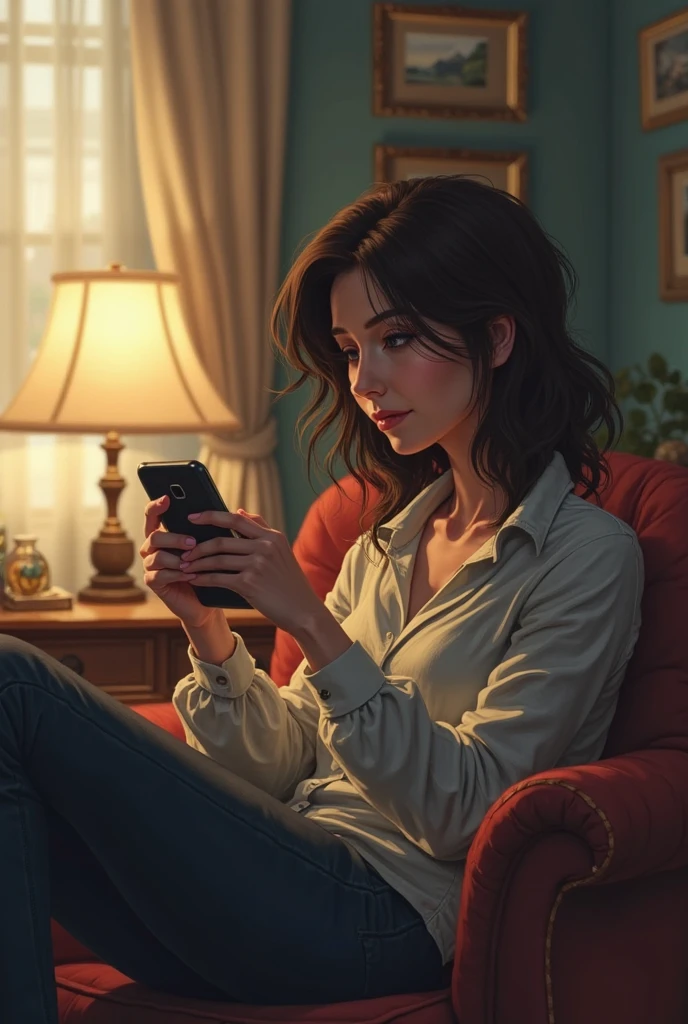 Scenario: Psychology office , well decorated, luz suave.
Emmanuele: sitting on the armchair, looking at the cell phone with nostalgia.
 Expression: distant look, serene face, but melancholic.

Texto (Thought bubble):
"It's been three weeks... Why does it still hurt so much?"