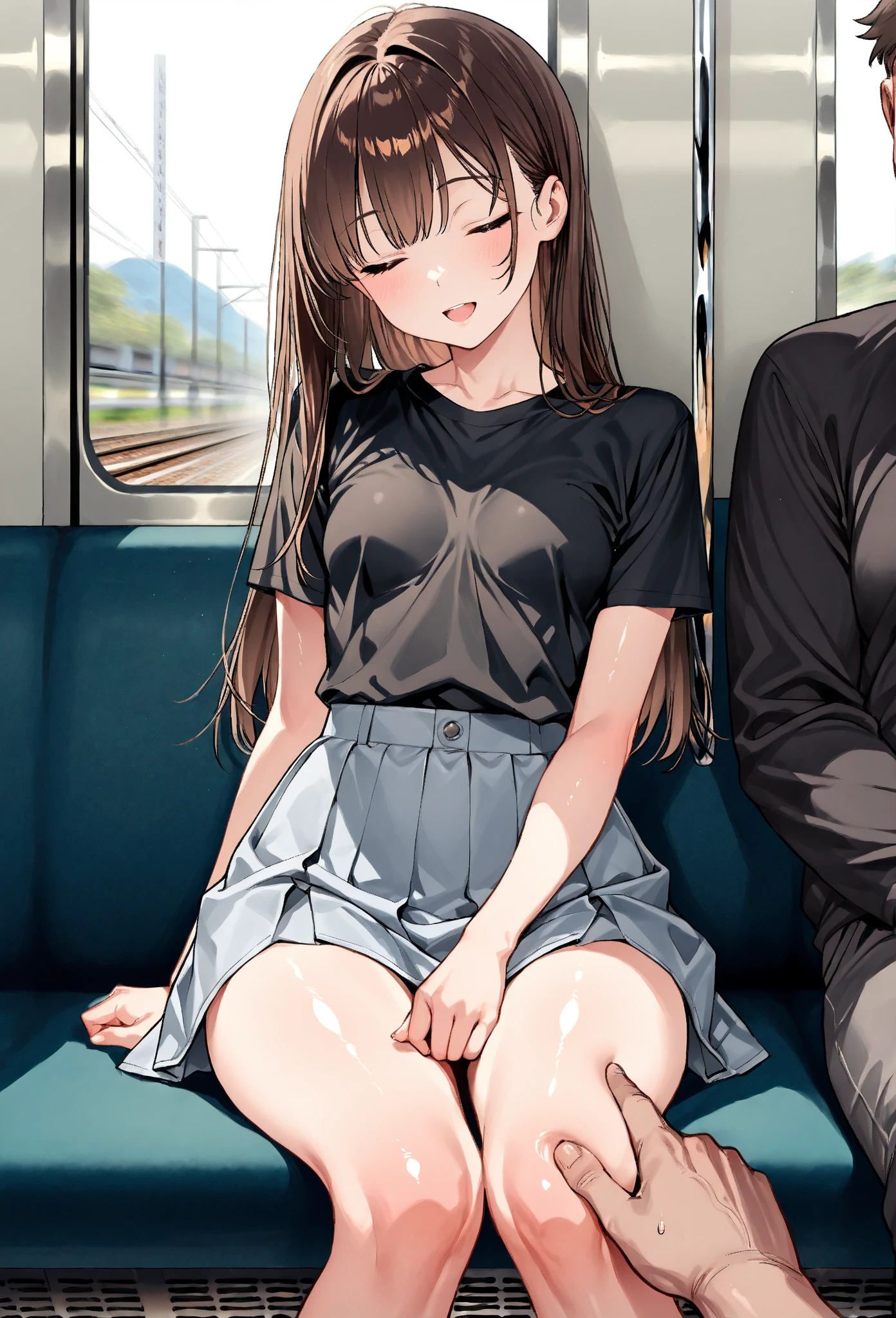(8k、Best image quality、highest quality、masterpiece)、Detailed face、(two males show off the penis),One girl、Grey Eyes、embarrassed face、((Grin))、huge breasts、((see through camisole))、((see through))、((Plaid skirt))、((blowjob))、sit、spread legs、white buggysocks、shoes、Shoot from below、sitting on the seat,in the train,Nipples,Oppai,hand to penis,grab the penis,hand to penis,touch the penis,tekoki,Exposure, french braided hair,pussy juice,wet pussy,cum on face,penis into mouth,kiss to the penis,Licking penis,