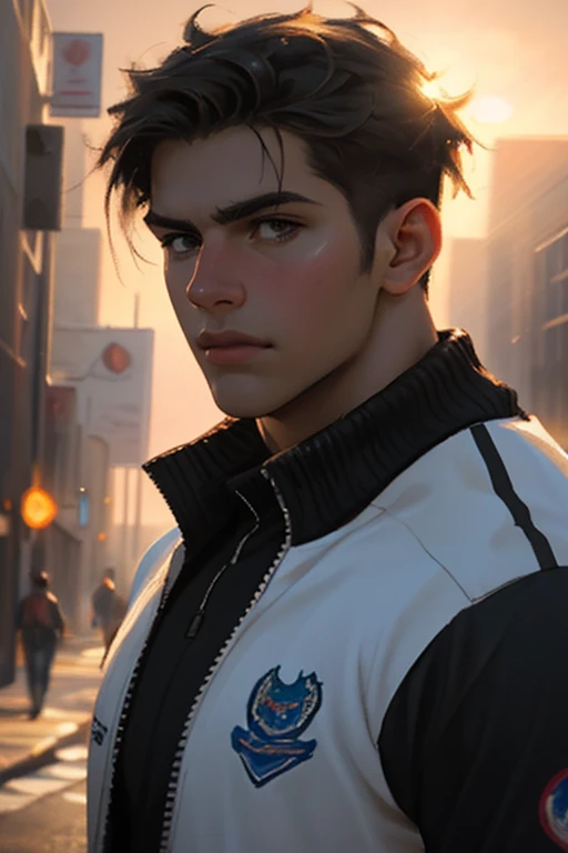 high school jock, handsome youthful, detailed portrait of a muscular young man with a confident expression, athletic physique, wearing a varsity jacket, standing in a modern city street at sunset, cinematic lighting, 8k, photorealistic, hyper-detailed, studio lighting, depth of field, dramatic warm colors, moody atmosphere, unreal engine, concept art style (Maga, realistic), (oil painting in sfumato technique) (close-up portrait)