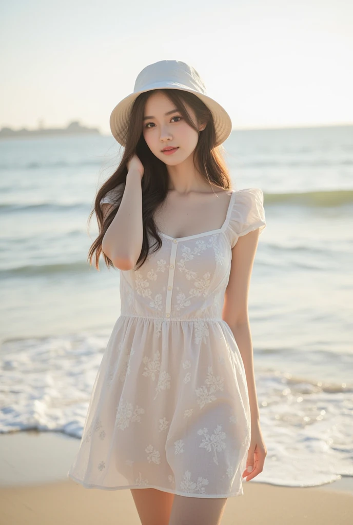 1 Girl,seaside,Soft Light,Chinese Beauty,Suspender dress