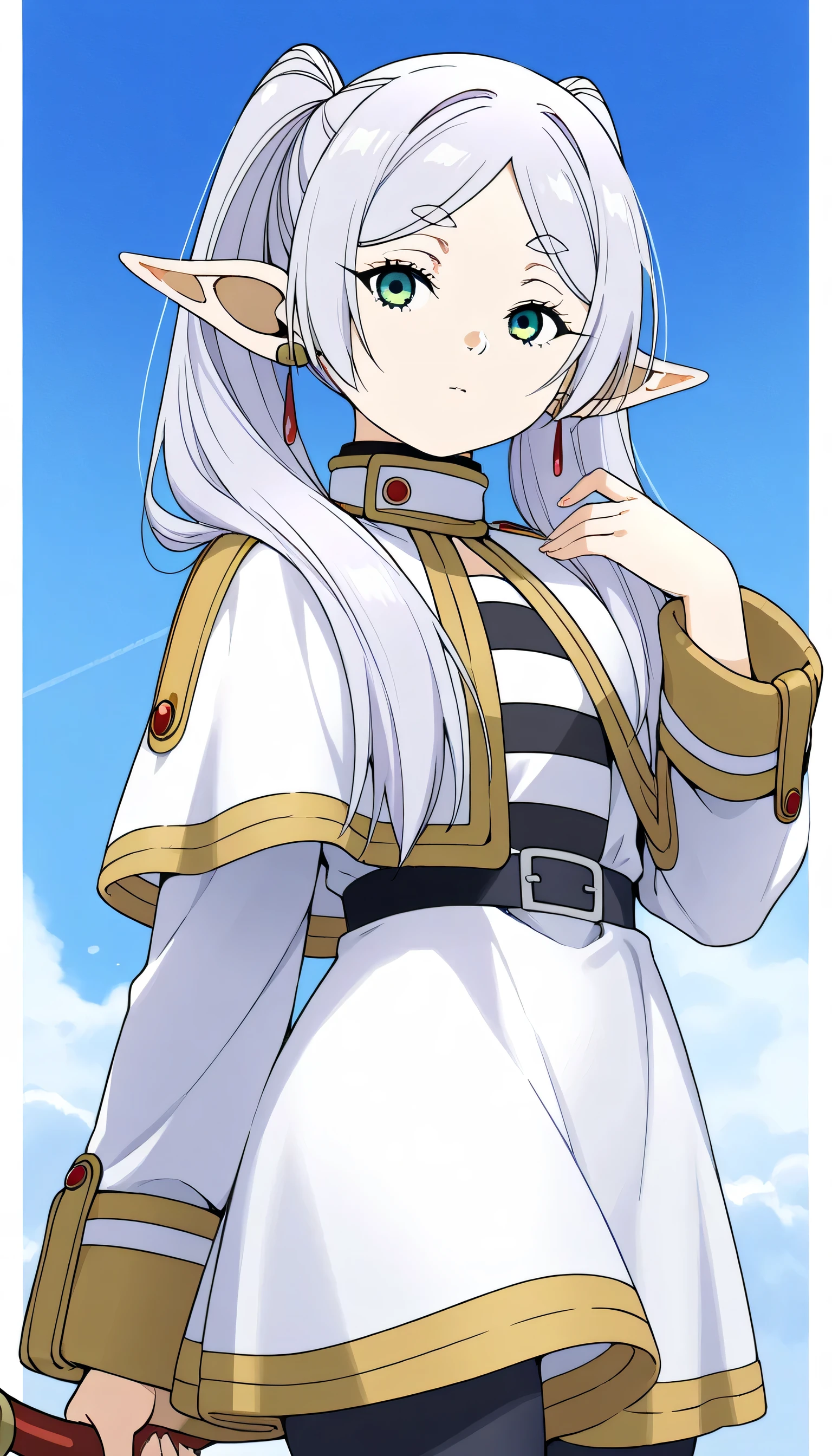 Masterpiece, Detailed Model, Exquisite Piece, precise, 1 girl, Source Anime, Frieren, with two ponytails, white hair, green eyes, Pointed ears, Long ears , mid-breasted,
