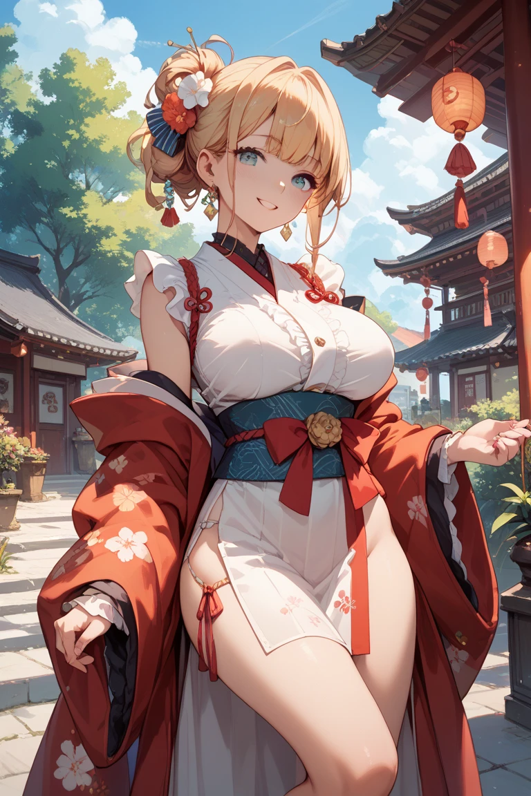 ((Masterpiece)), (Best Quality), Solo, Tsunomaki Watame, twin braids, long hair, WatameKimono, floral print, red kimono, sash, hair flower, bow, fur scarf, hat, (NSFW:1.4), Full Body
