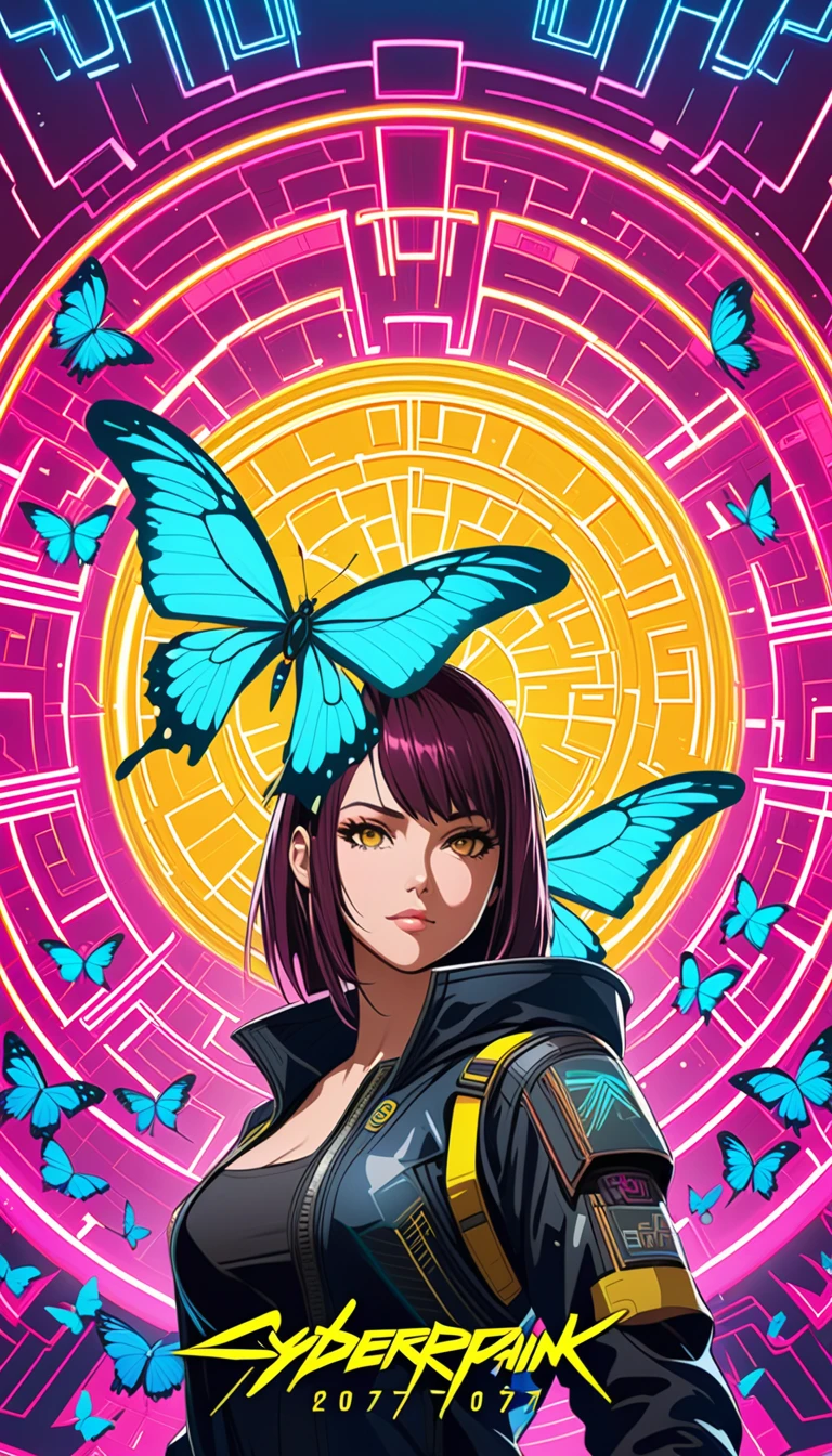Retro, Movie Poster :Cyberpunk 2077,collage composed of butterfly wings:1 fusion of anime female models and future mechanical technology, mosaic maze background.(best quality,4K, 8,000,high resolution, masterpiece:1.2)