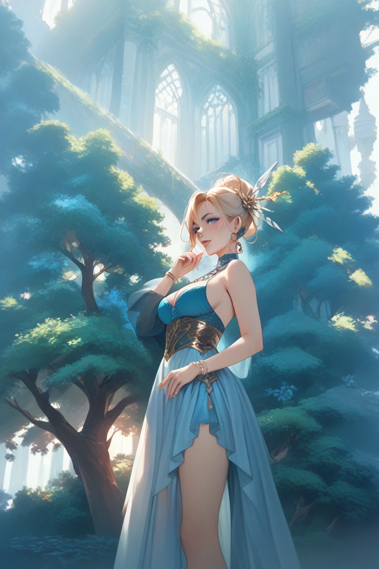 high quality, 8k quality, ultra detail, 1girl, Makeup, highest quality, light blonde hair, blue eyes, high heel shoes, white dress, standing pose, full body shot, beautiful face, soft expression, bare legs, elf girl, tiara, large breasts, earrings, palace garden