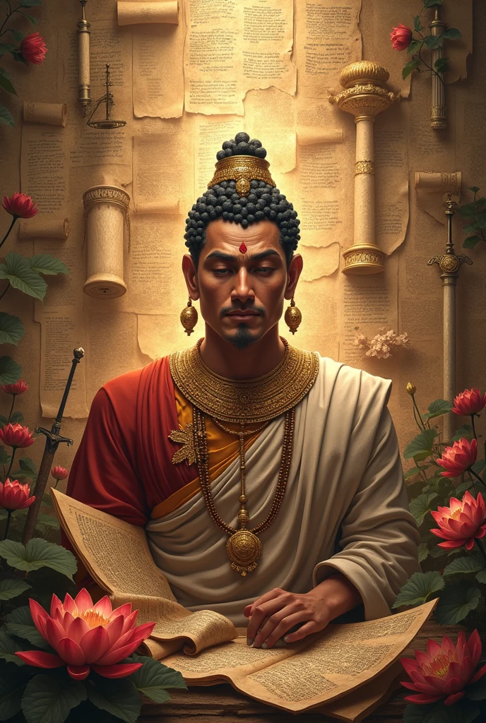 Video game poster of ancient papers including Buddhism and located in a Mauryan city with emperor Ashoka and swords as a symbol of battle, include the title Veil of Ashoka