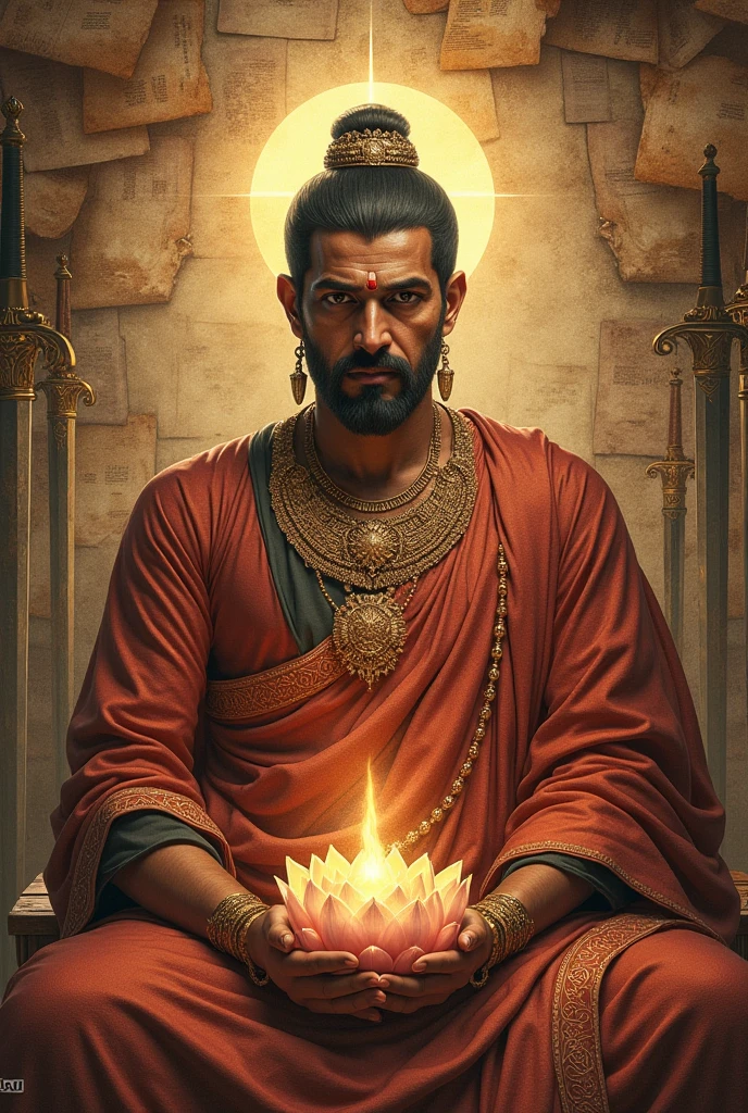 Video game poster of ancient papers including Buddhism and located in a Mauryan city with emperor Ashoka and swords as a symbol of battle, include the title Veil of Ashoka