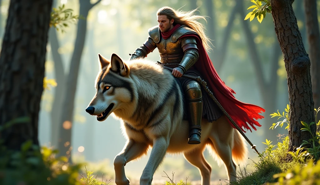 A brown-skinned paladin, with a luminous sword and whose mount is a wolf the size of a horse. Next to you, your squire, a woman with long hair, half orc and has a panther as a mount