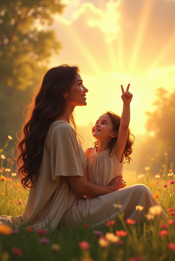 A realistic digital book cover illustration. A 34-year-old woman with long, dark brown hair flowing near her waist and expressive brown eyes is sitting on the grass in a peaceful garden during golden hour. Her features show maturity, strength, and warmth. She holds a joyful  girl on her lap. The , with soft brown curls and bright eyes, points to the sky with wonder and excitement. Samanta looks at her daughter with a tender, loving smile. The warm sunlight highlights their faces and gently touches the garden around them, filled with blooming flowers. In the sky, light rays break through the clouds, subtly symbolizing divine presence without showing a figure. The mood is emotional, peaceful, and full of hope, reflecting a spiritual journey and the promise of something greater.  Style Keywords:

ultra realistic

cinematic lighting

soft shadows

emotional tone

storytelling composition

warm golden tones

mother and daughter love

spiritual symbolism