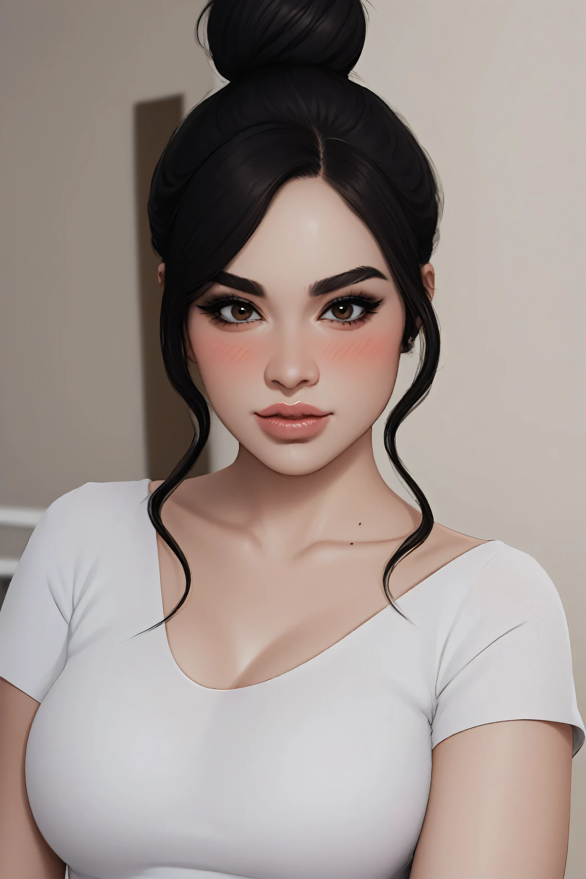 perfect face, bun top knot hair, black hair, black natural eyebrows, brown eyes, black eyeliners, blush, thick lips, beautiful woman, white t-shirt, medium breasts