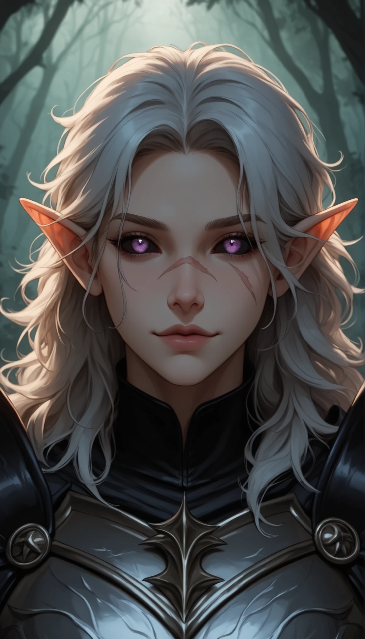 (forest), misty_background, dark_fantasy, black_feathers, purple_glow, (detailed_face:1.3), (sharp jawline), (high nose bridge:1.2), (pouty lips:1.2), full lips, soft skin, refined cheekbones, glowing_skin, arched eyebrows, visible philtrum, (cinematic lighting), (volumetric_lighting), rim light, soft shadows, ((forced_perspective)), (Diminishing scale perspective:1.3), (lora:Yandere Queen:0.85), (lora:SDXL high detailed. LoRA_SDXL_ARW_0010:0.75), (lora:Waifu Eyes:0.5), (lora:NKxXmo's Shaded Face:0.5), (lora:NoobAI-XL Detailer:0.6), (lora:Detail Tweaker:0.65), male_elf, white_hair (white_hair:1.3), long_hair, messy_hair, (black_leather_armor:1.3), feathered_cape, (black_sclera:1.3), purple_eyes, scar_across_face, stubble, pale_skin, from_below, maddening_expression, haunted_eyes, wild_smile, eerie_forest_background, fog, tension_in_air, (masterpiece:1.2), (best quality:1.2), ultra detailed, 8k