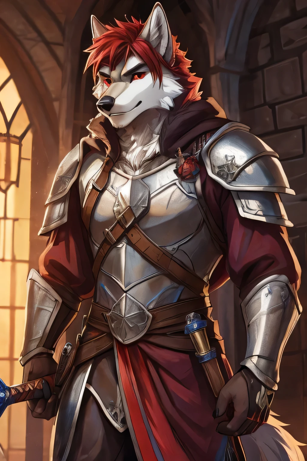 Male wolf, red hair, red eyes, white fur, wearing a medieval paladin armor, holding a sword, full body view
