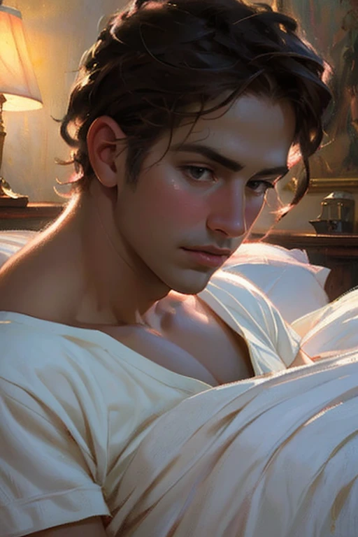 handsome youthful man, lies in pink plush bed, in boxers with body on display, intricate detail, high quality, realistic, photorealistic, ultra-detailed, 8k, masterpiece, vivid colors, professional lighting, warm lighting, dramatic shadows, bedroom interior, silk bedsheets, lush bedding, sensual, intimate, portrait (Maga, realistic), (oil painting in sfumato technique) (close-up portrait)