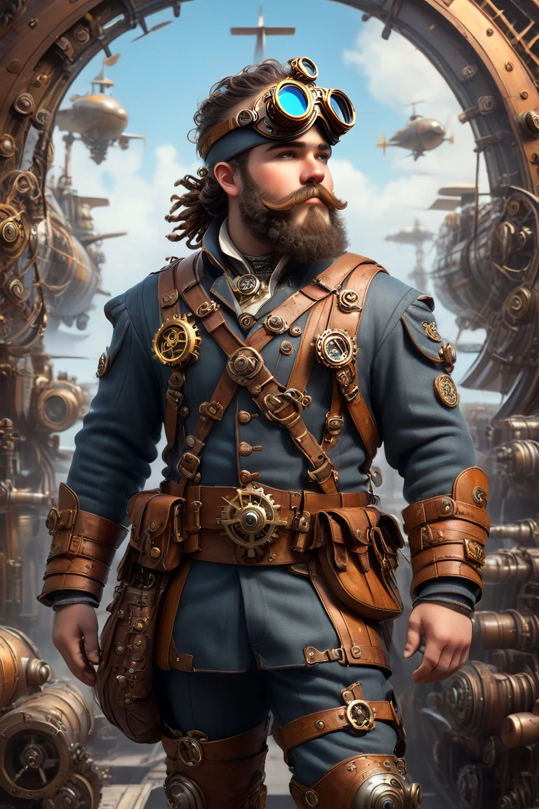 (masterpiece, best quality), a short plump dwarf with no hair, with two-braided beard, dressed in steampunk style, wears airplane pilot goggles, clothes adorned with intricate ornaments, dynamically and sensually. The background of this image is collide with postapocalyptical industrial style and steampunk artifacts, epic.