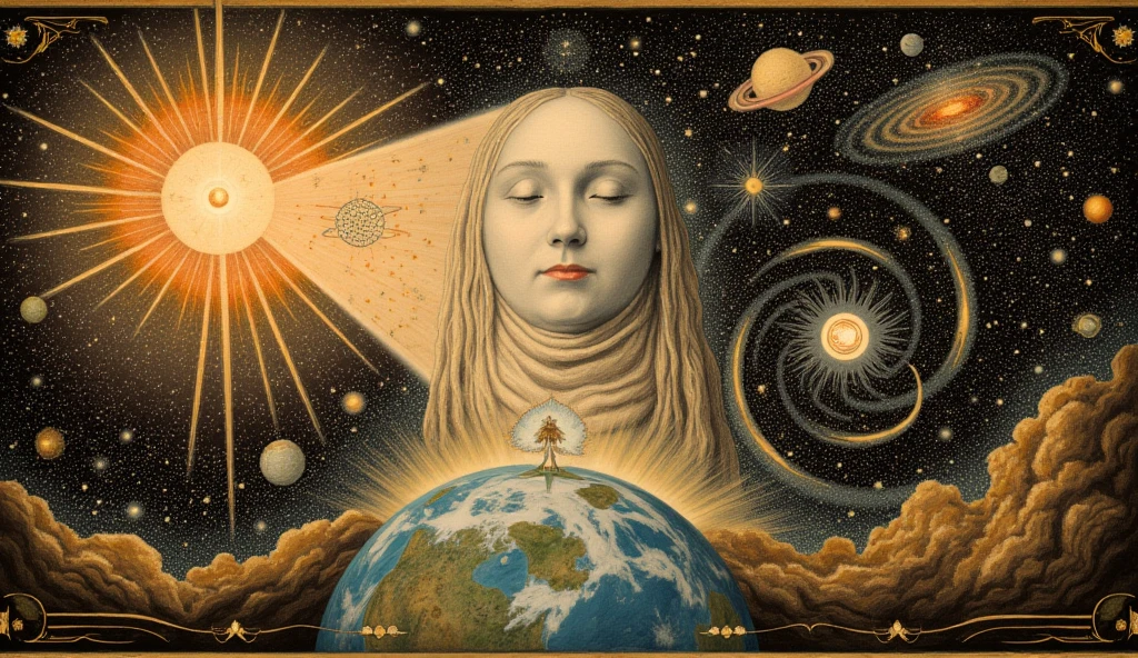 
The overall tone is vintage and suggestive of metaphysical ideas.

A stunning cosmic landscape featuring a serene white-faced figure, merging seamlessly with  galaxies and swirling nebulae. The composition includes a radiant sun emitting fiery streaks near the top left, contrasting with a starry sky. Earth is positioned prominently at the bottom. The lighting is ethereal, with luminescent highlights accentuating the figure's serene expression. This artwork blends intricate details with a smooth, dreamlike quality, creating a mesmerizing atmosphere. 

The color palette is primarily gold, beige, and browns and blacks, reflecting a vintage, mystical vibe.
