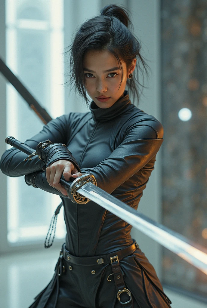 A quite tan burmese woman, with short hair, late 20s, dual wielding Thai Dha, swords, that have no crossguards, while dressed in futuristic garbs that covers her whole and entire body.