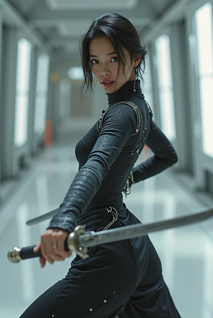 A quite tan burmese woman, with short hair, late 20s, dual wielding Thai Dha, swords, that have no crossguards, while dressed in futuristic garbs that covers her whole and entire body.