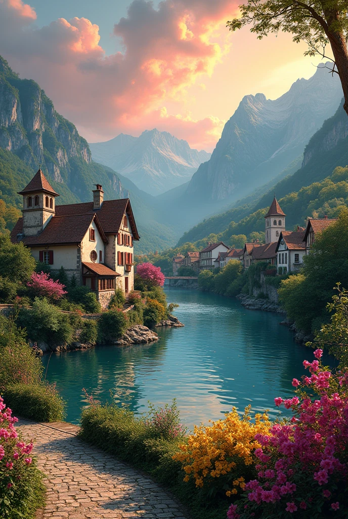 a small village by the river, mountains in the background, fleurs florales colorées,  detailed landscape , Beaux paysages naturels, atmospheric lighting, coucher de soleil brûlant, warm colors, pratique, photorealistic, Detailed foliage ,  complex buildings, Cobblestone street, Charming country house, bright swirling colors, lush vegetation,  Reflections of still water, Pittoresque, idyllique,  work of art, best quality, 8k, extremely detailed, style anime.