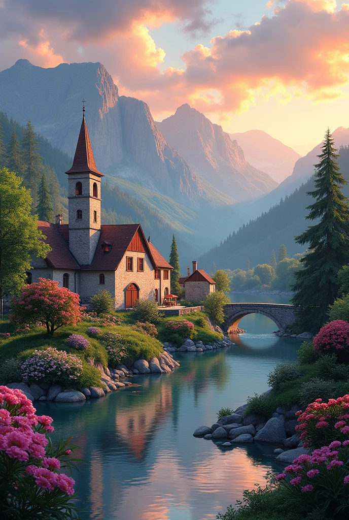 a small village by the river, mountains in the background, fleurs florales colorées,  detailed landscape , Beaux paysages naturels, atmospheric lighting, coucher de soleil brûlant, warm colors, pratique, photorealistic, Detailed foliage ,  complex buildings, Cobblestone street, Charming country house, bright swirling colors, lush vegetation,  Reflections of still water, Pittoresque, idyllique,  work of art, best quality, 8k, extremely detailed, style anime.