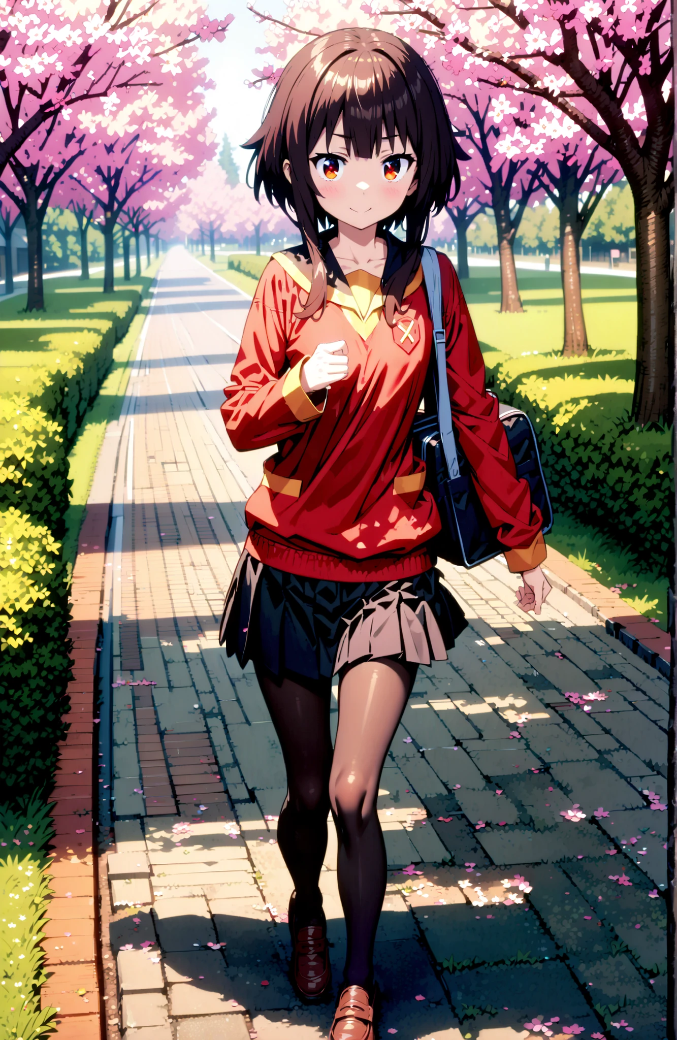 konosubaMegumin, Megumin, short hair, black hair, Red Eyes, short hair with long locks,
smile,blush,close your mouth,black sailor suit, red cardigan ,long sleeve, black mini pleated skirt ,Black Pantyhose,loafers,Student bag 1 :1,cherry blossoms,is walking,morning,full bodyがイラストに入るように,break looking at viewer,full body,
break outdoors, residential area,
break (masterpiece:1.2), best quality in bronze, high resolution, Unity 8Kの壁紙, ( illustration :0.8), (beautiful detailed eyes:1.6), highly detailed face, perfect lighting, highly detailed CG, (perfect hand, perfect anatomy),