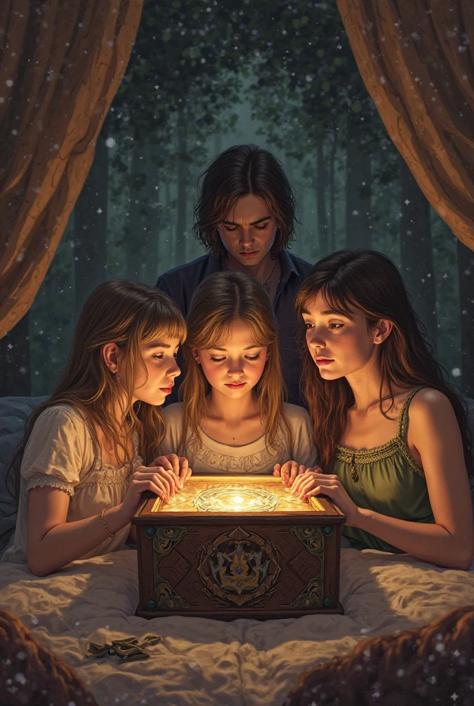3 girls with one male gathered around a small wooden box with inscriptions in the bedroom