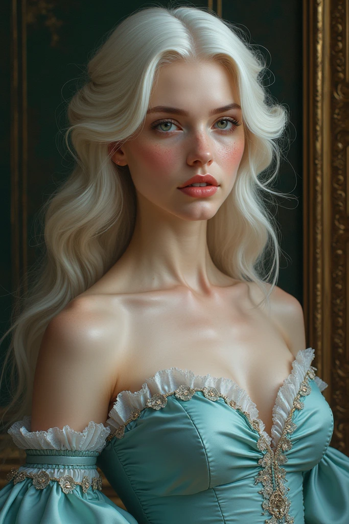 Baroque painting .
a young woman with white hair with dark green eyes and creamy white skin and lips as pink as a strawberry and with freckles, wearing a pastel blue silk dress highlighting her figure as a royal lady.