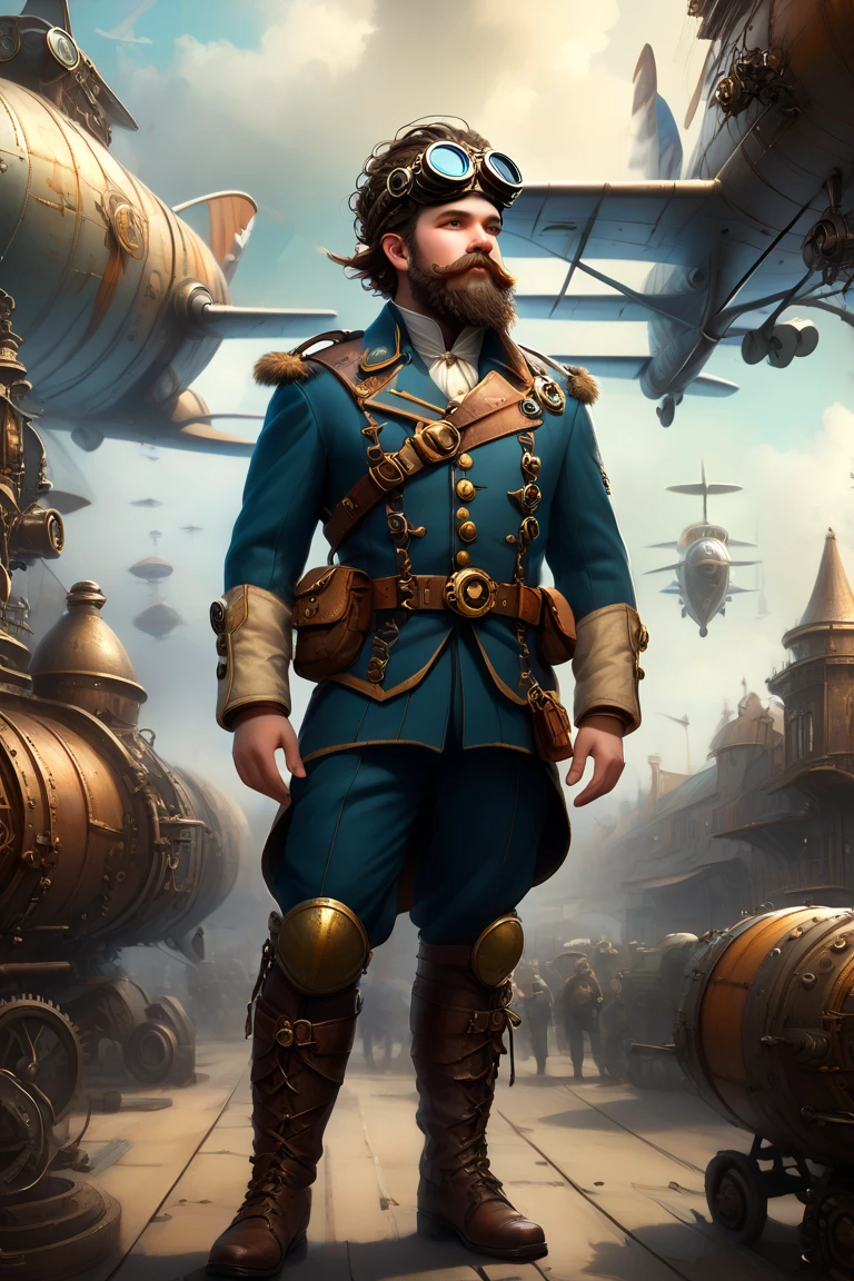 (masterpiece, best quality), a short plump dwarf with no hair, with two-braided beard, dressed in steampunk style, wears airplane pilot goggles, clothes adorned with intricate ornaments, dynamically and sensually. The background of this image is collide with postapocalyptical industrial style and steampunk artifacts, epic.