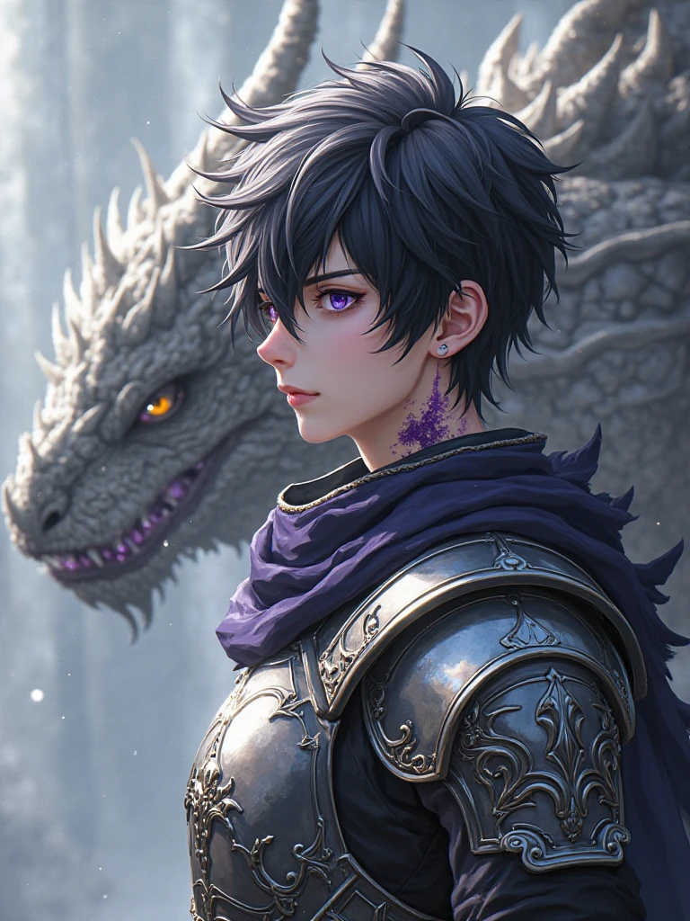 Jeune adulte de 22 ans,  black and white hair , with titanium knight armor, purple and black scar on his neck, in the background a 5 meter dragon, with white and black scales. Anime and fantasy style,  American Plan