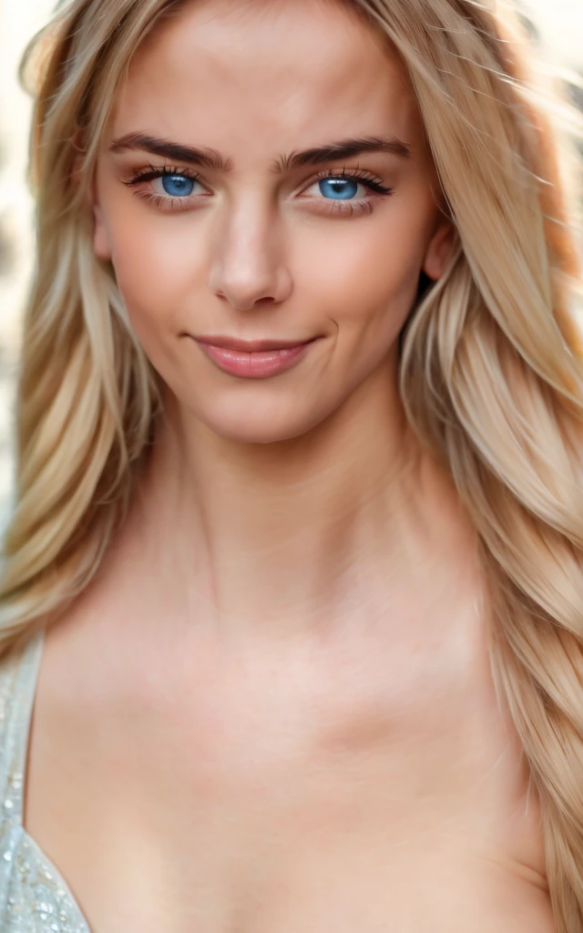 Portrait of a 24-year-old girl, precise, light blue eyes, blonde hair, smiles