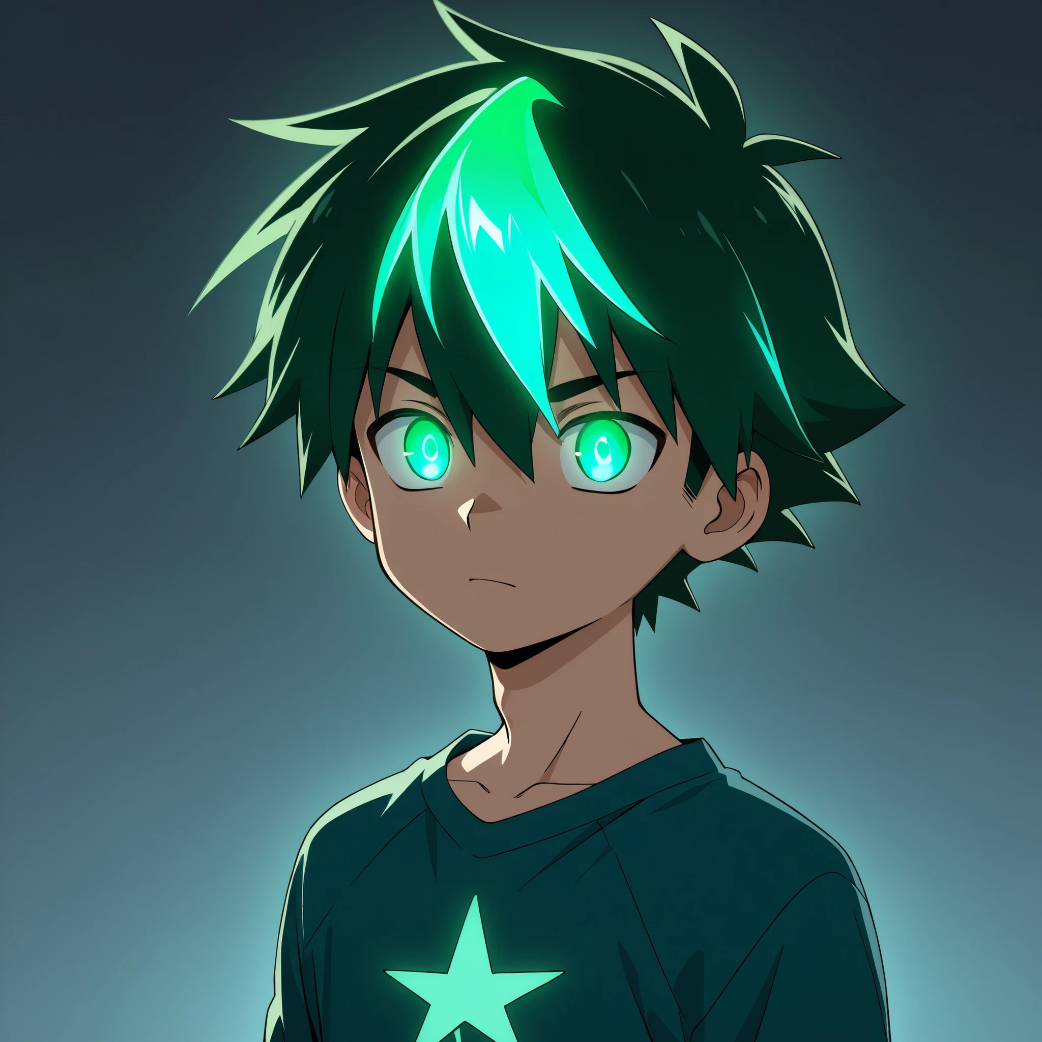 anime boy, handsome, blue-green glowing hair, High Resolution, blue-green colarshirt, glowing eyes, 4k Resolution, HD quality, solo