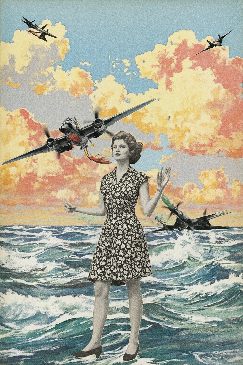 full body shot shot, profile view of a blonde, floating weightlessly, spacial station. She is wearing short shorts, and looking out towards the land. she is melancholic, and is thinking about his family on earth. Art of J..c. Leendecker