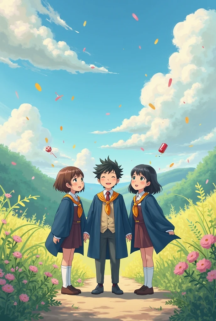 One boy two girls graduation ghibi