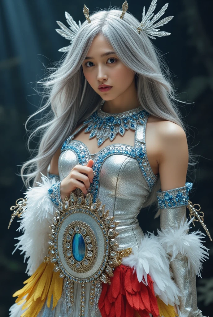 masterpiece, cinematic lighting, UHD, accurate, super detail, high details, high quality, award winning, best quality, highest, 16k Wallpaper, ultra detailed face, perfect , perfect fingers, , emphasize , slender body, (abs),  body,  , thin thighs.
silver body decorated with yellow, silver longhair, blue and red feathers on the shoulders, light neckline decorated with yellow, blue and red silver litmus rhinestones, Bustle with layered feathers shield in left hand and sword in right hand.