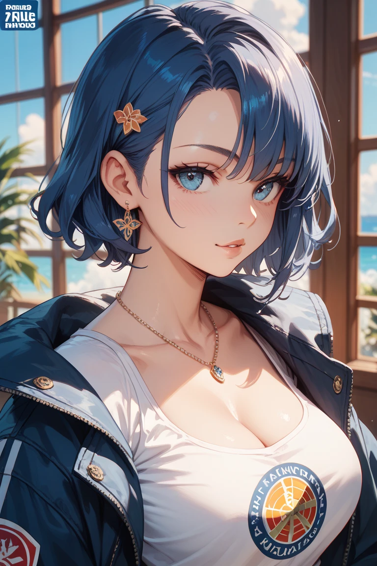 ((short hair, Highest quality, High resolution, Hmph, Pixel perfect, 4K, Hmph, Hmph))), One Girl, single, alone, Beauty、 (( bangs, Black Hair、ponytail、Scrunchie)), ((Big blue eyes, Beautiful eyelashes, Realistic eyes、Double)), ((Detailed smile, )), ((Smooth texture:0.75, Realistic texture:0.65, Realistic:1.1, Anime CG style)), Big Breasts, Perfect body, Denim jacket、pants
