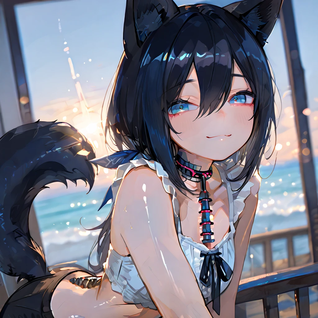 (best quarity,ultra detailed,ultra-high-resolution, absolutely resolution,8k, masterpiece),anime,(pale colors:1.8),long shot, 1girl, solo, cat mouth, hands up, Sitting on the edge of the waves,beach, wariza, from behind, looking forward, blue hair, bobcut, straight hair, racoon ears, racoon tail, (brown streaked hair:1.3), (blunt bangs) ,thick eyebrows, big breast, off shoulder bikini, after sunset, fullbody,