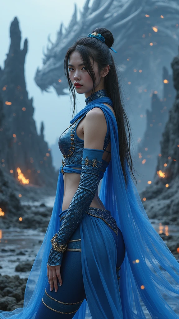 (WDS丽人摄影_V2.1.2), (Qingxu_Realistic portrait photograph of Asian beauty_ V16_f.16),Beautiful Japanese woman with tight blue Leggings Lycra, has a top with long sleeves Licra blue, on top has a blue metallic samurai armor, blue metal samurai armor, long black hair tied up ,tiene botas blue hasta el muslo, background large black lava magma rocks, partículas flotantes fuego mágica, colored glass blue background, ( AWPortraitFL LoRa V16 ),cool color V16, (Flux Texture_v1.0), (8K-Hermoso paisaje natural wallpaper_v3_v3), looking back showing her ???, (tiene una capa transparente de seda en la espalda color Blue V1) , (pose medio cuerpo), (rodeada dragon gigante color ????? y verde lima Walking ????????????, fearful face shape, multiple eyes color verde lima , wide mouth, sharp teeth, ferocious sin pelo F.11_V11), mirando hacia atrás mostrando su ????, (pose medio cuerpo),(F.1_fondo un dragón gigante verde lima transparente translúcida Slime V1) ,(MajicMix realistic V16) , (dragon gigante verde lima V1) 