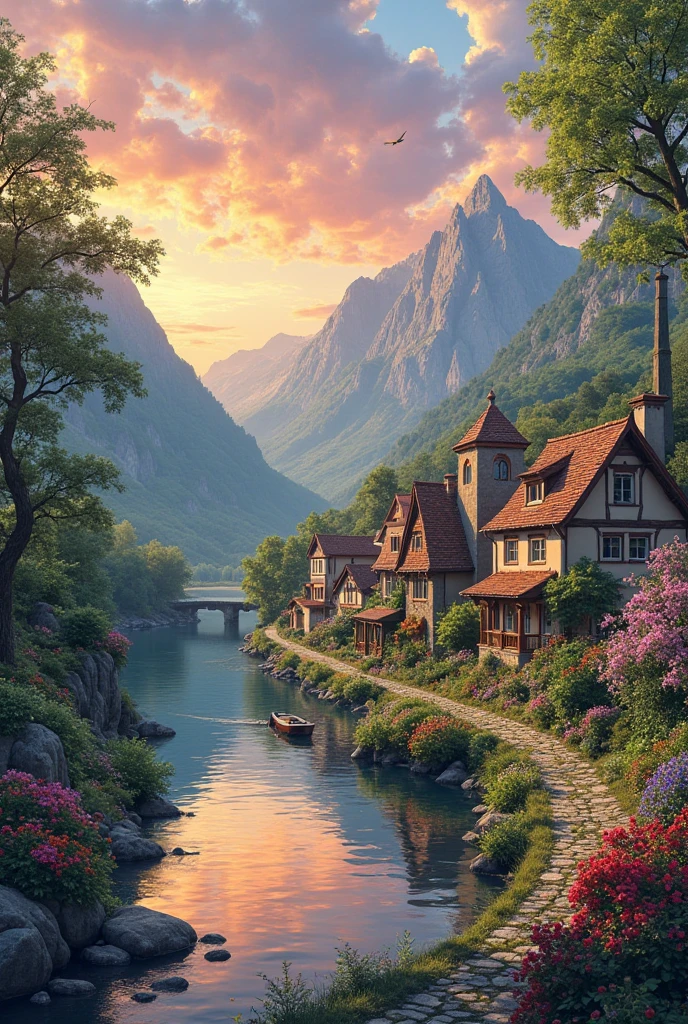 A small village by the river, mountains in the background, colorful flowers, detailed landscape style, beautiful natural scenery, atmospheric lighting,  scorching sunset ,  warm colors, practical, photographic, detailed foliage, complex buildings , cobblestone street, charming country house, vibrant colors, lush vegetation, reflections in the water, pitoresco, idyllic, work of art, Best Quality, 8k, extremely detailed, anime style