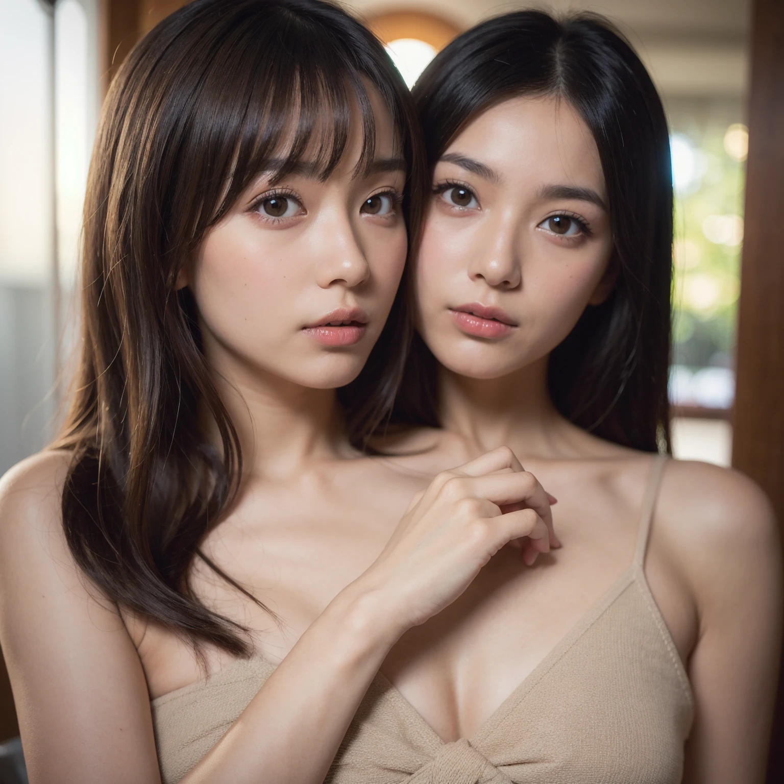 Best-quality, Masterpiece, Ultra-High-Resolution, (Photorealistic:1.4), Raw-Photo, lesbian-couple, (each different face, extremely beautiful face like the most face Japanese actress and extremely cute face like the most famous Japanese idol), both extremely beautiful eyes, both extremely beautiful hair, both extremely beautiful skins, both extremely beautiful lips, both extremely beautiful bodies