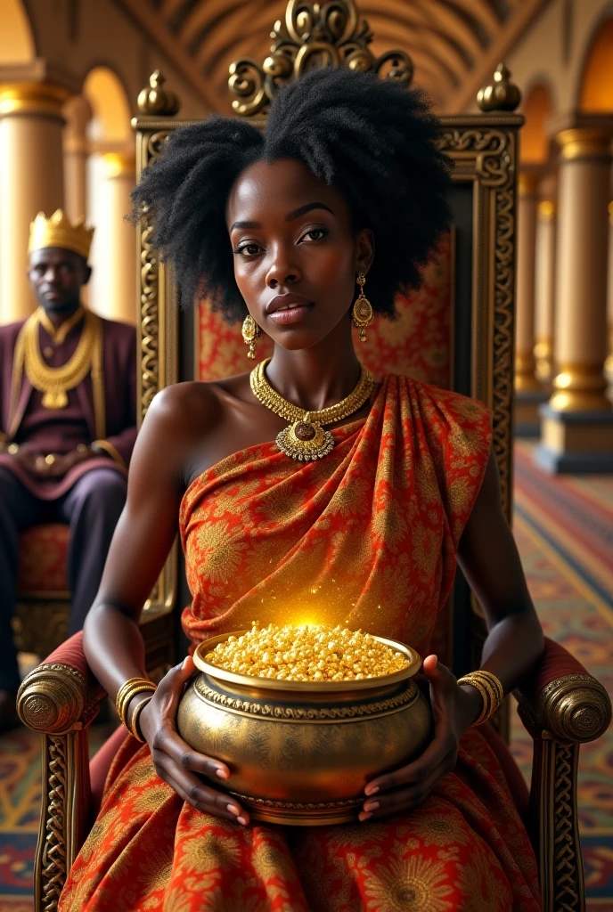 An image of African young beautiful lady holding a pot full of gold at a kings palace with a king sitting down in a thrown 