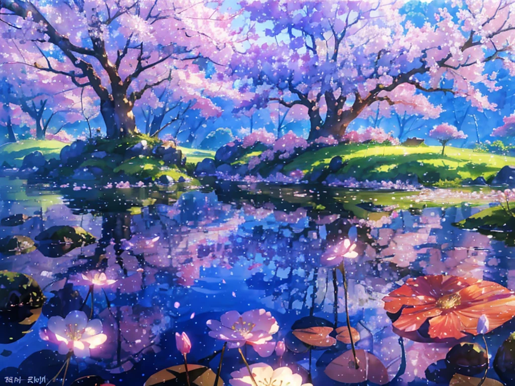 점수_9, 점수_8_위로, 점수_7_위로, colorful, A lone cherry blossom tree in full bloom, standing on a small island in the middle of a calm lake, Sunlight gently beams down through the branches, creating soft reflections on the water. Dreamy, peaceful atmosphere, cinematic lighting, wide shot, watercolor