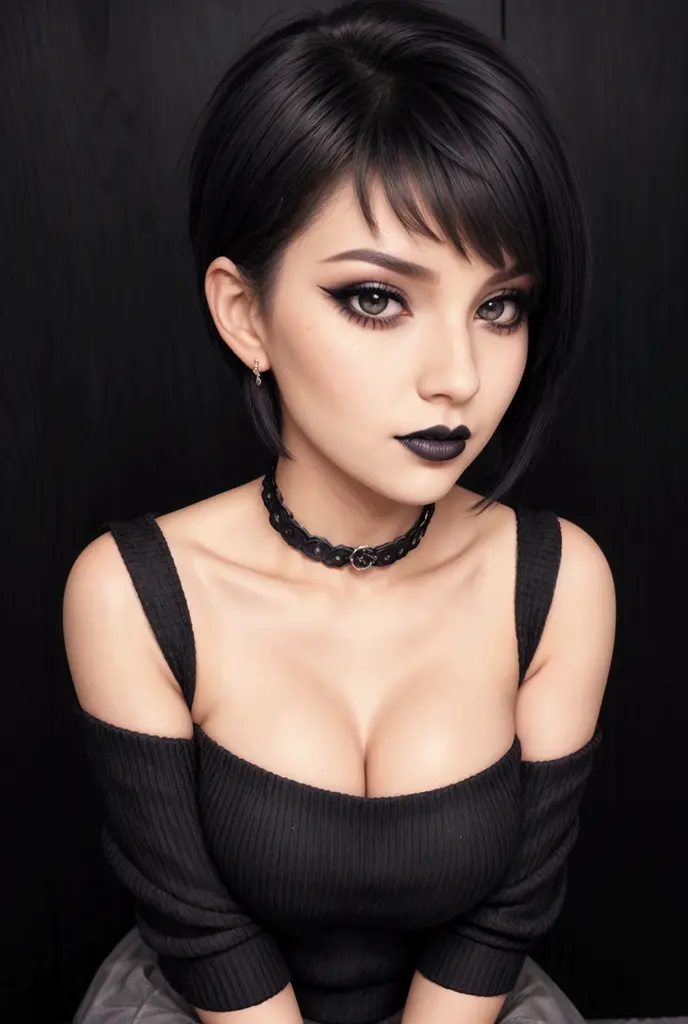 girl, black lipstick, , eyeliner, eye shadow, smoky eyes, short hair, transparency, sweater, panties, hip, strapless,, sexy pose, big breasts, room, model body, thin narrow waist,