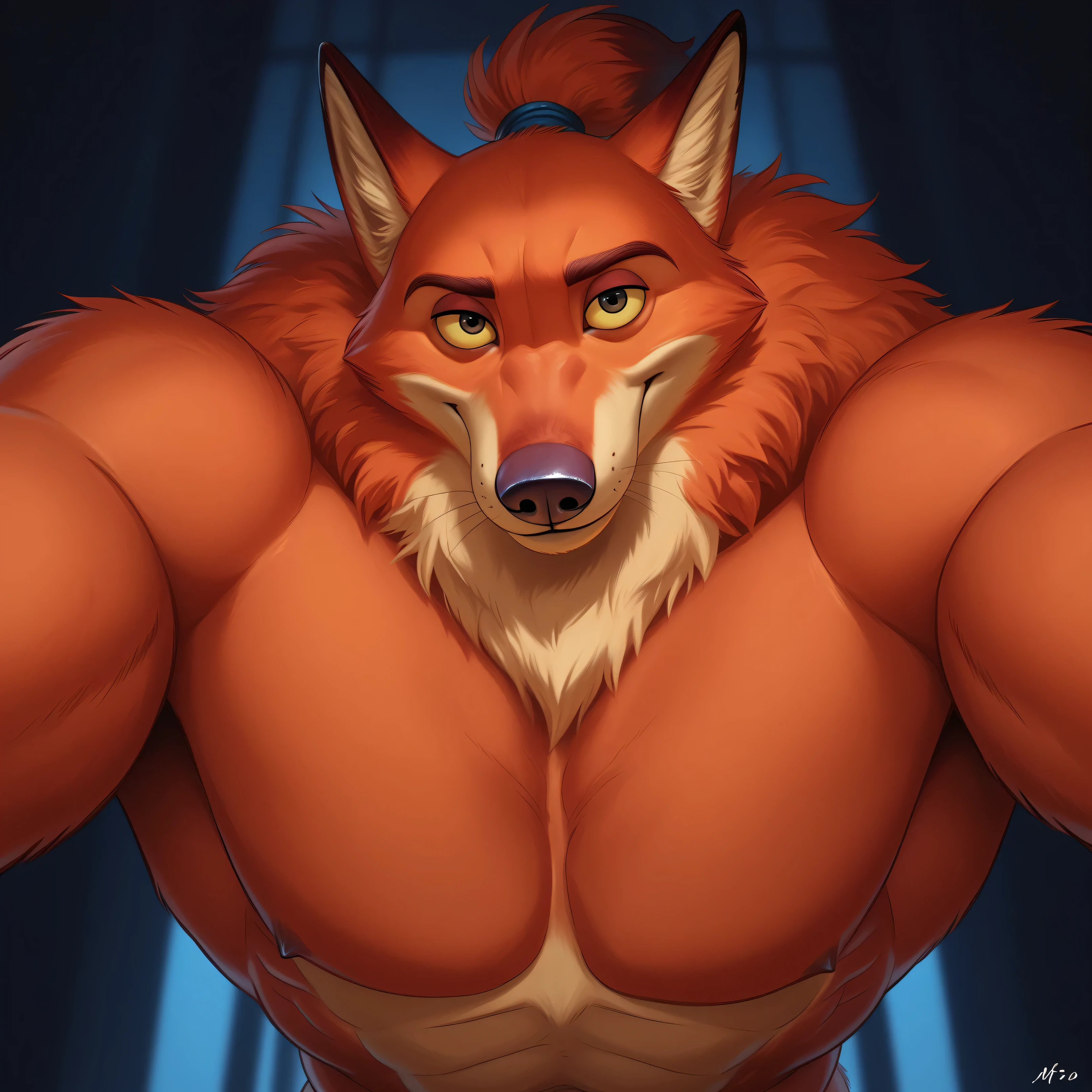 NickWilde fox brown eyes, yellow sclera, solo, detailed, detailed face, black eyes, anthro body, male, adult, muscular, cartoon shading, cel shaded:1.0, flat colors, (no background, white background):1.5, shirtless, wfa style, negger style, cartoony anatomy, above waist, looking at viewer, posing, smile