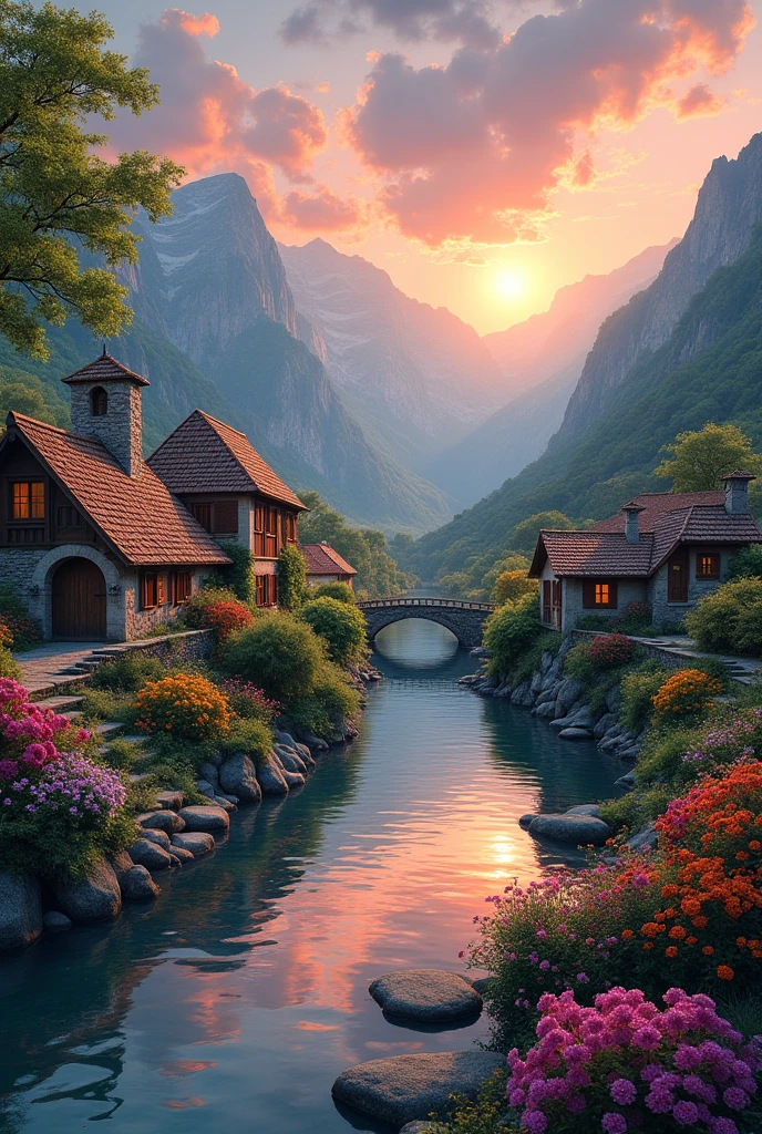 A small village by the river, mountains in the background, colorful flowers, detailed landscape style, beautiful natural scenery, atmospheric lighting,  scorching sunset ,  warm colors, practical, photographic, detailed foliage, complex buildings , cobblestone street, charming country house, vibrant colors, lush vegetation, reflections in the water, pitoresco, idyllic, work of art, Best Quality, 8k, extremely detailed, anime style