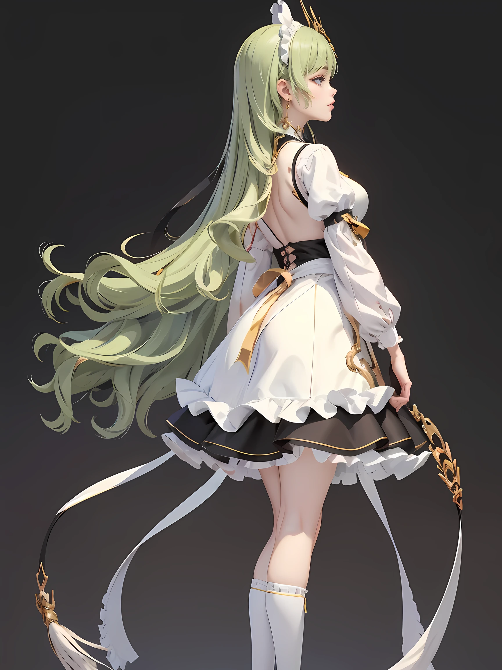 1girl, green hair, harness, black cropped, black skirt, chinese maid design, solo, stomach, white roses, symmetrical gloves, puffed socks, high socks, harness, tassel, chinese maid dress, v neckline, garter on the legs, standing up, white apron, maid dress, chinese maid, chinese aesthetic, thigh gap, harness, white roses on her hair, solid background, chinese maid uniform, full body, side view, too many frills in her dress, magical girl, perfect anatomy, gold jewelry, harness, breasts curtains, Cute pose, puffed sleeves, tassel, glow eyes, long hair with long waves and white roses, high thigh, frills, harness, side view, chinese maid uniform, chinese maid dress, white apron, garter on the legs, gold jewelry, back view, solid background, standing up, side view, blushing, maid headdress, chinese maid dress with too many frills, Chinese aesthetic, puffed skirt, harness, centered girls, full body, glowing hair, magical girl, more details on her clothes, golden details on her dress, harness, tassel
