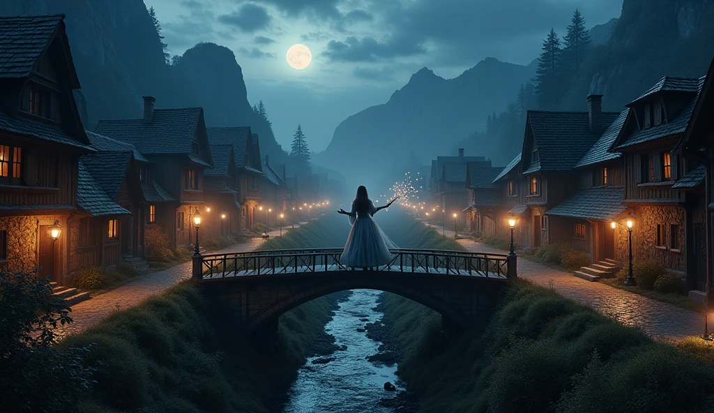 Ultra realistic graphics like a digital HD photo, fairy tale, description: it's night, a medieval town seen from a bird's eye view, lights are burning in the windows of houses, old torches on the streets. The area is mountainous and you can see the moon far behind the mountains. An enchanted princess walks through the middle of the main street over a bridge over a stream. The princess is as realistic as a real one, she holds a magic wand in her hand - a stick from which a cloud with small notes flies into the sky. The notes create stars in the sky.
