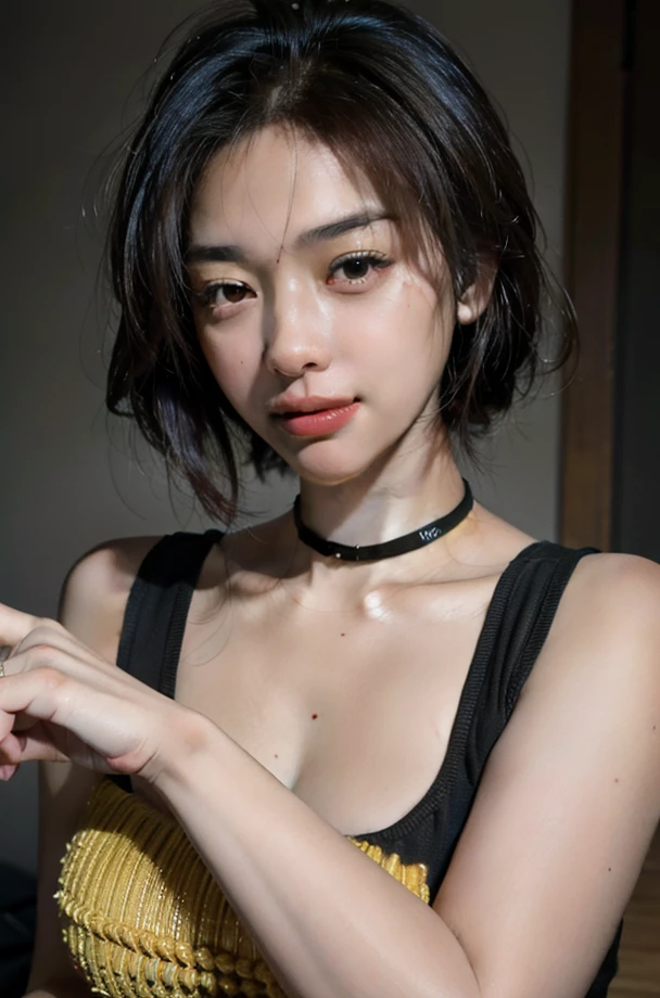 Beauty,Perfect beauty,wet body,black short hair、28 years old、sex appeal、boyish、cool、small face、beautiful clavicle、highest quality、Pancake muscles、earrings、necklace、Eroticism、Wistful expression、sexy、delicate、masterpiece、beautiful feet、black sleeveless、pants、thighs、slender