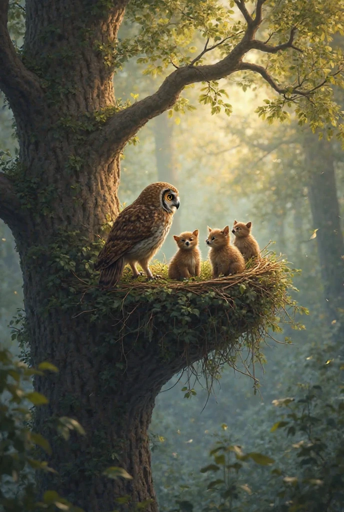 An owl perched in a nest high in an ancient tree, looking affectionately at three small and cute cubs, in a calm forest at dawn, soft light passing through the leaves, realistic digital painting style, climate of tranquility and protection.
